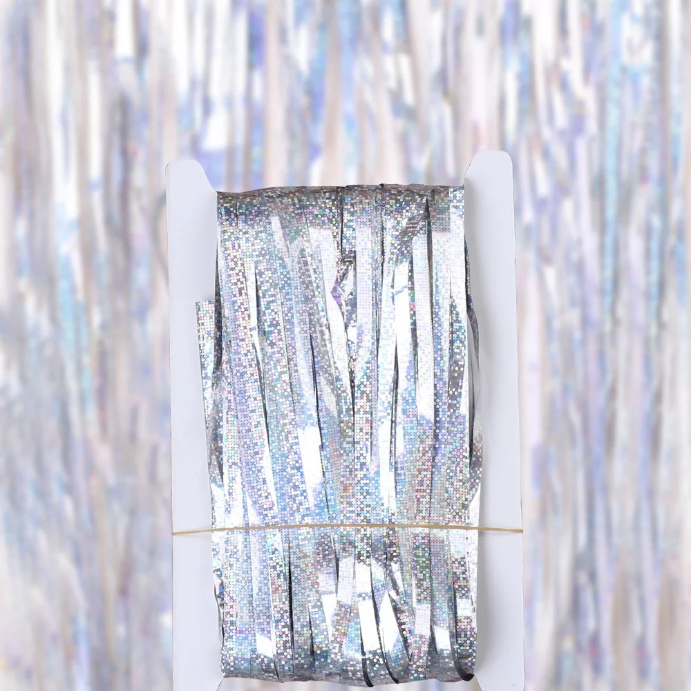tinsel biru Tirai Kerajang Merah Jambu 1x3m Latar belakang pesta Emas Beige Green Foil Tirai Pinggiran 1m 2m Tirai