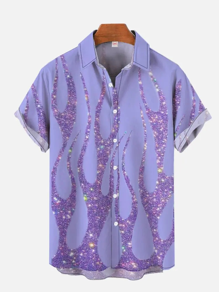 2024 Summer New Black and Gray Burning Flame Printed Short Sleeve Shirt Retro Fashion Street Men's Lapel Button Shirt