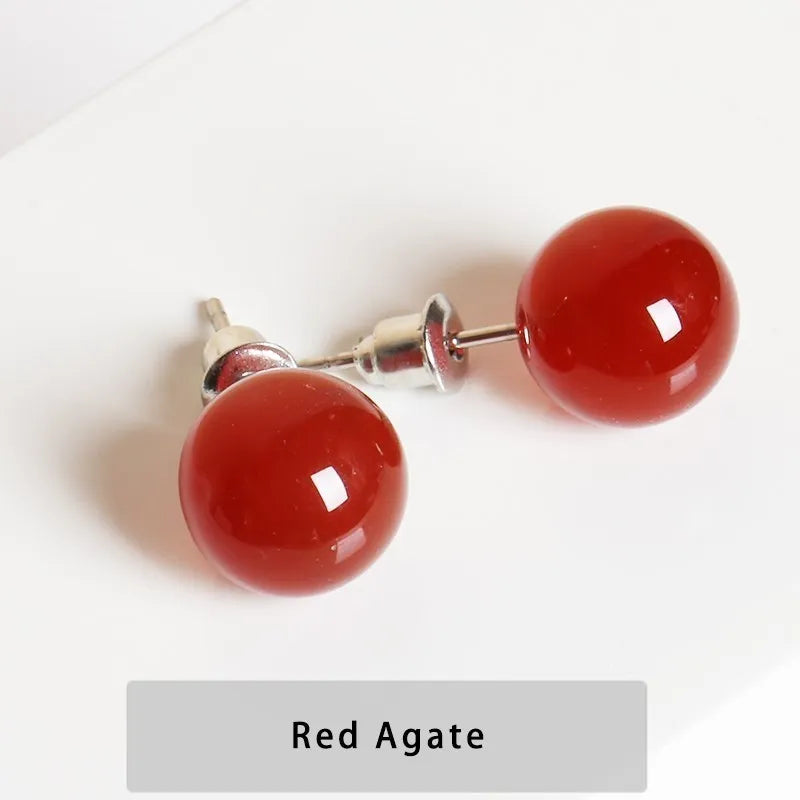 Change Better Natural Stone Amethyst Tiger Eye Agate Round Beads Earring Women Fashion Simple Stainless Steel Crystal Ear Studs