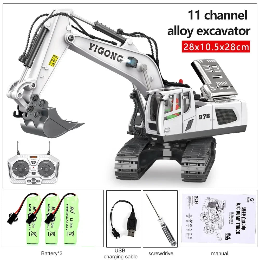 2.4G High Tech 11 Channels RC Excavator Dump Trucks Jentolak Aloi Kejuruteraan Plastik Kenderaan Mainan Elektronik Untuk Hadiah Lelaki