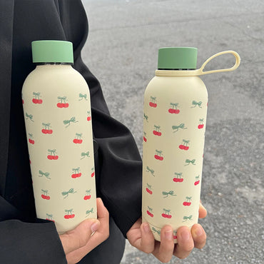 Kawaii Cherry Thermos Bottle With Handle Coffee Cup 500ml Stainless Steel Tumbler Cute Travel Gym Scool Water Bottle For Girl