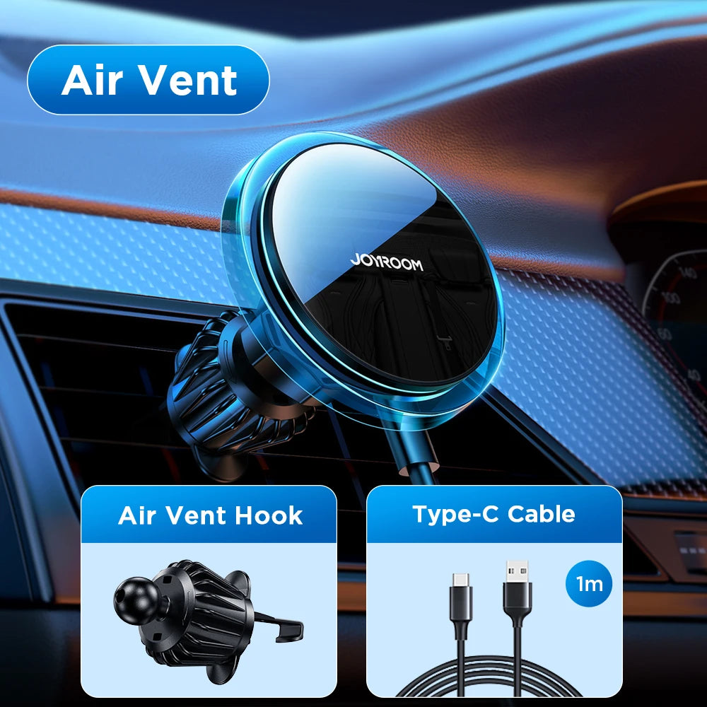 Joyroom 15W Pengecasan Pantas Pemegang Telefon Kereta Magnetik Pengecas Tanpa Wayar untuk iPhone 14 13 12 Pro Max Pemegang Telefon Cahaya Biru Dalam Kereta