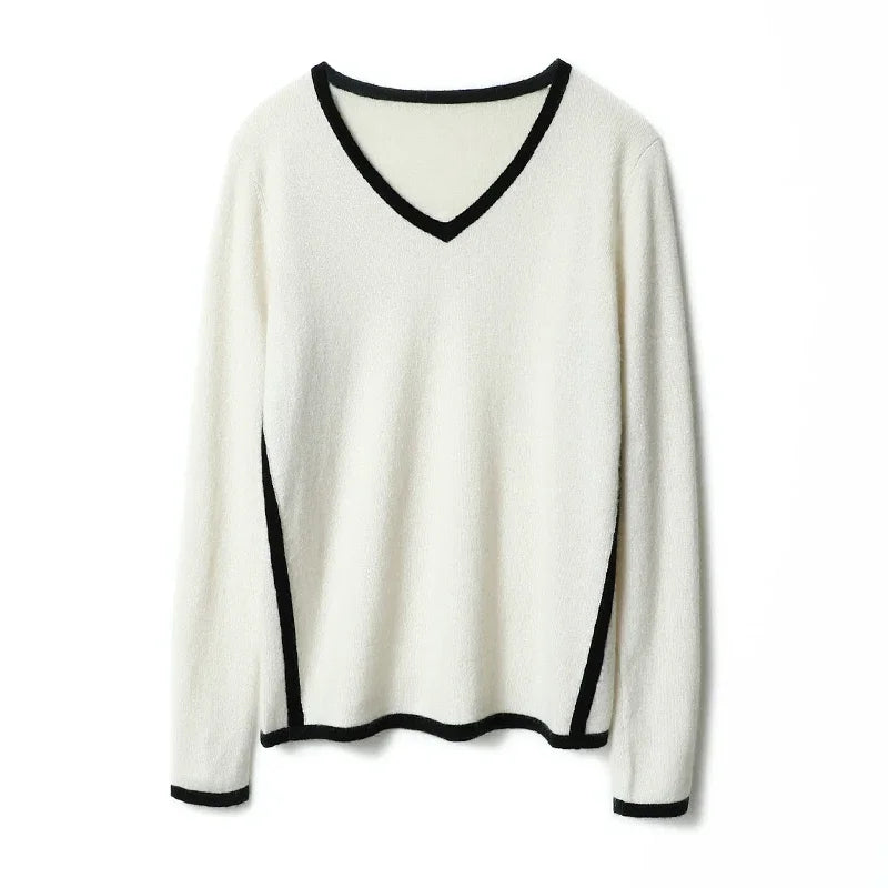 musim luruh gaya baharu 100% kasmir v leher sweater wanita kontras lengan panjang kelembutan pullover rajutan pakaian rajut hangat bergaya wanita
