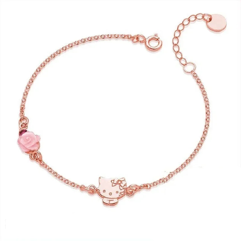 Kalung Hello Kitty Sanrio Watak Anime Pink Peach Heart Crystal Cat Gelang Tolak Tarik Loket Hiasan Pasangan Hadiah Gadis