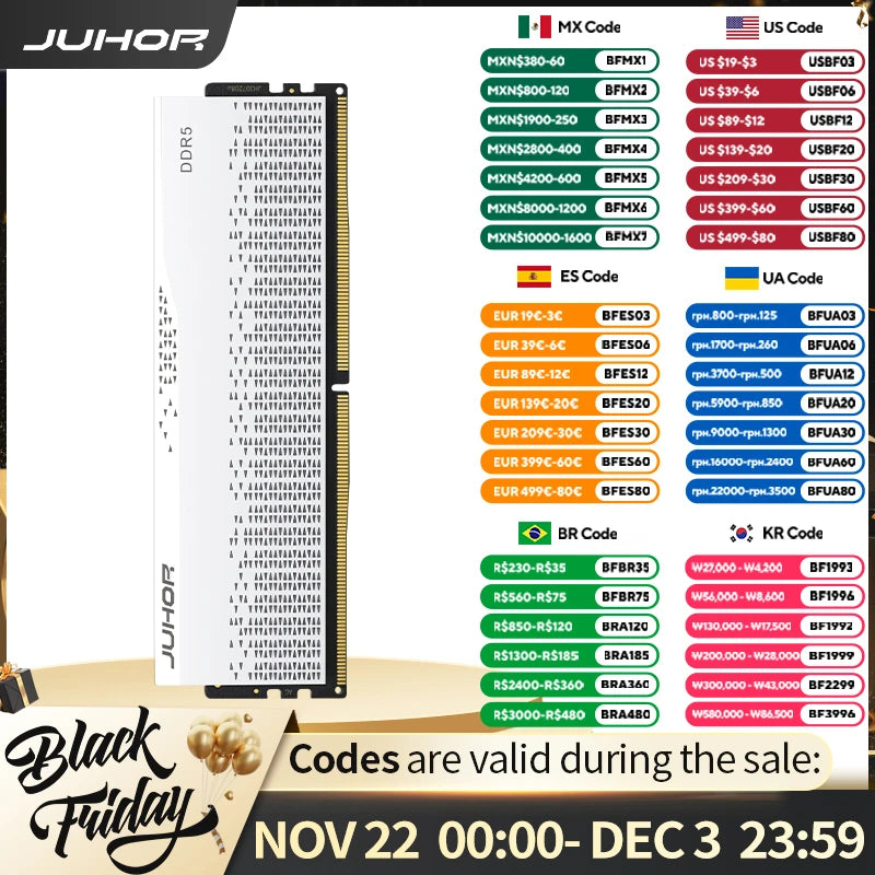 JUHOR DDR5 16GB 4800MHz 5600MHz 6000MHz 6400MHz 6800MHz 7200MHz DDR5 RAM UDIMM untuk Komputer PC Desktop Memori Ram DDR5