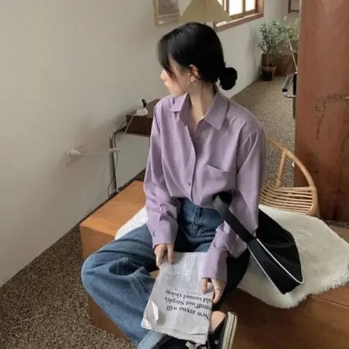 Kemeja Wanita Pejabat Wanita Anggun Tulen Gaya Korea Ringkas Blaus Lengan Panjang Santai Wanita Semua Padanan Longgar Setiap Hari Nipis Chic Baru