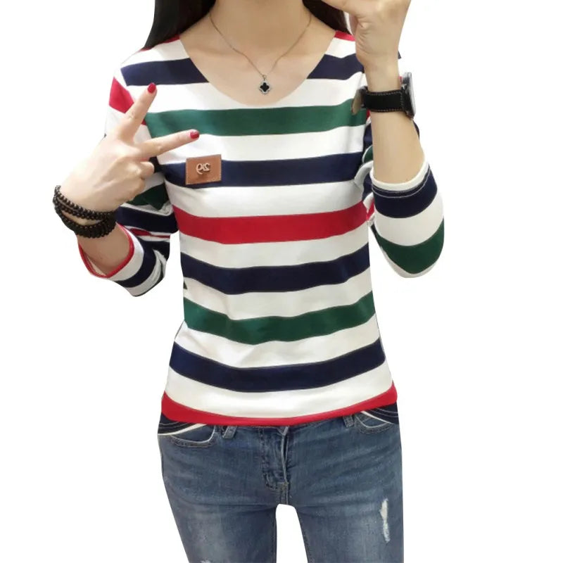 Atasan Baju T Berjalur Lengan Panjang Wanita Blaus Fit Slim Baju Pullover Ringan
