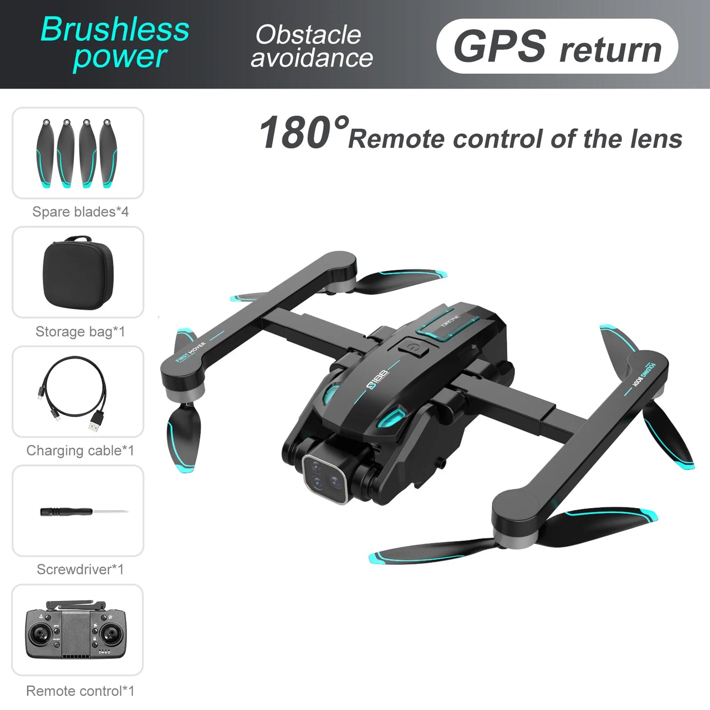S188 GPS Drone Professional 8K HD Triple Camera Dengan 5G WIFI Penghindaran Halangan Tanpa Brushless Quadcopter Lipat 2 km Jarak