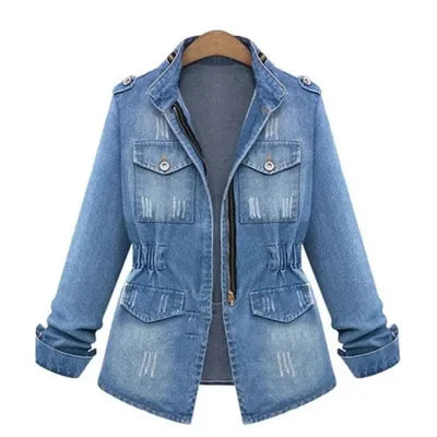 Fesyen Wanita Seluar Jeans Denim Lapel Berlekuk Bahu Tajam Kuasa Tajam