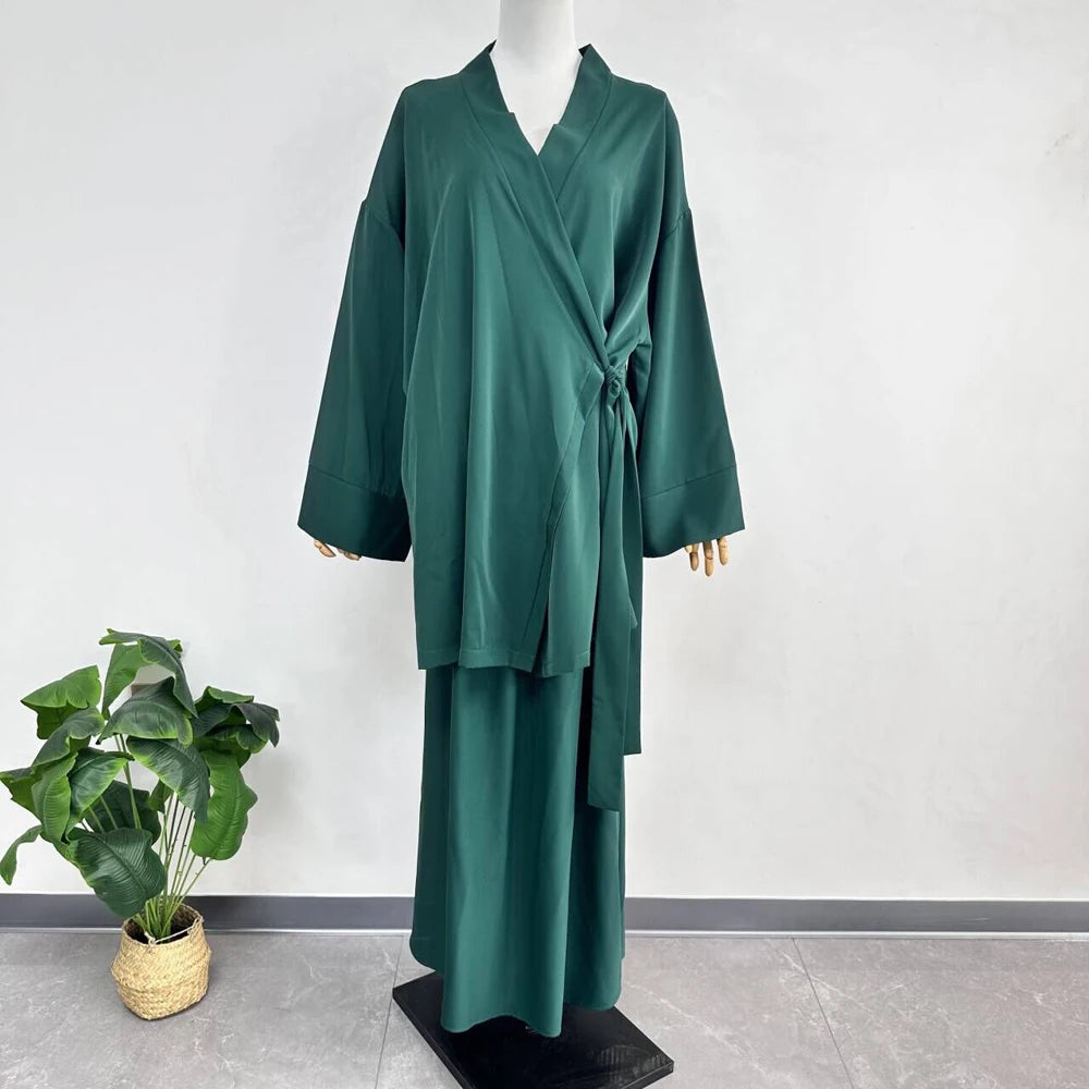 Nida Co Ord Set Kimono dengan Tali Skirt Ramadan Aidilfitri Pakaian Islam 2 Helai Set Wanita Muslimah Pakaian Sederhana Ensembles Musulman