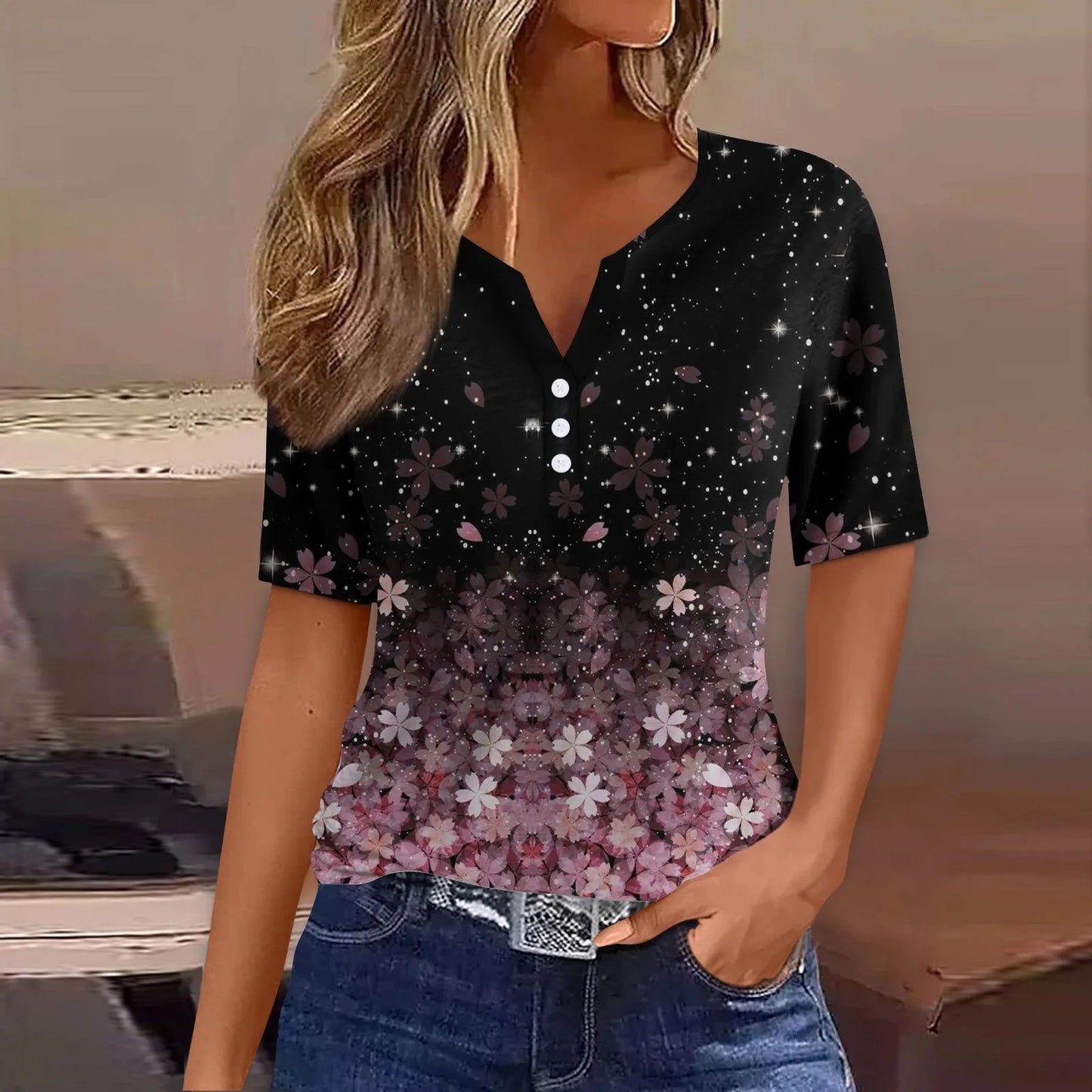 2024 Wanita Musim Panas Kasual T-shirt Fesyen Bercetak Harajuku Top Tees Streetwear Butang Asas Lengan Pendek V-Neck Tops Plus Saiz