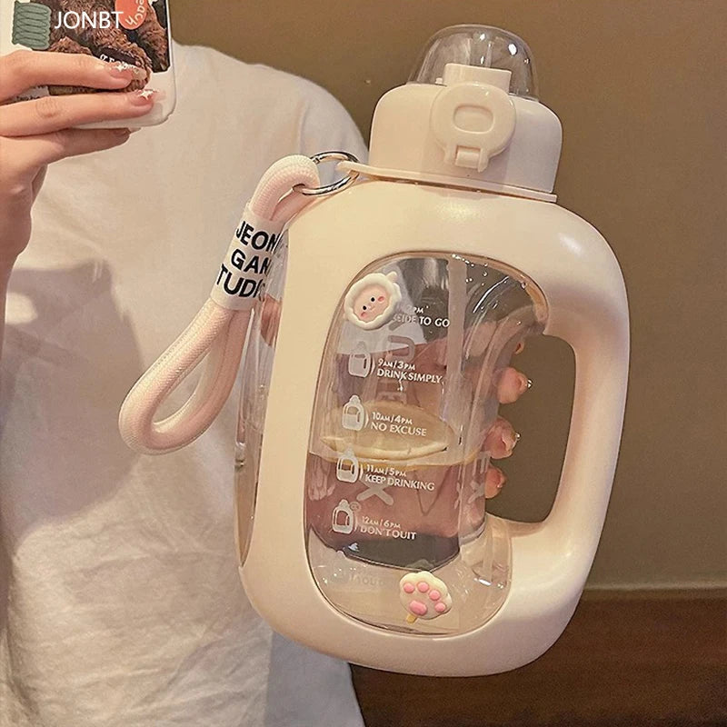 Kawaii Sport Water Bottle With 3D Stickers Straw BPA Free 1500ml Cute Large Plastic Juice Tea Gym Traval Portable Drink Bottle