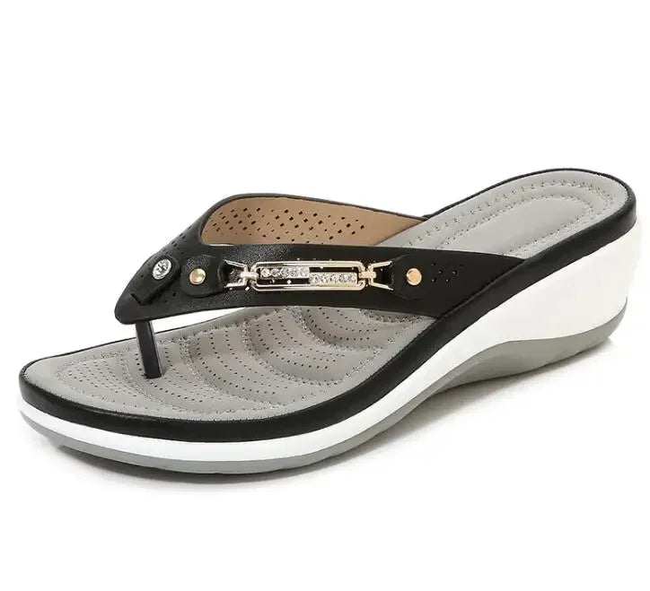Women's Slippers Summer Metal Button Slides Shoes Wedges Leisure Flip Flops Wedge Beach Sandals Women Outside Platform Slippers
