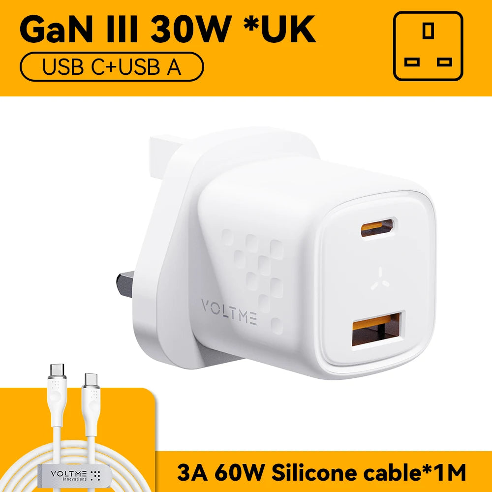 VOLTME USB C Pengecas Pantas 30W Pengecas GaN QC PD 3.0 Penyesuai Mudah Alih Dwi Port Untuk IPhone 13 12 IPad Pengecas Dinding Cepat Xiaomi