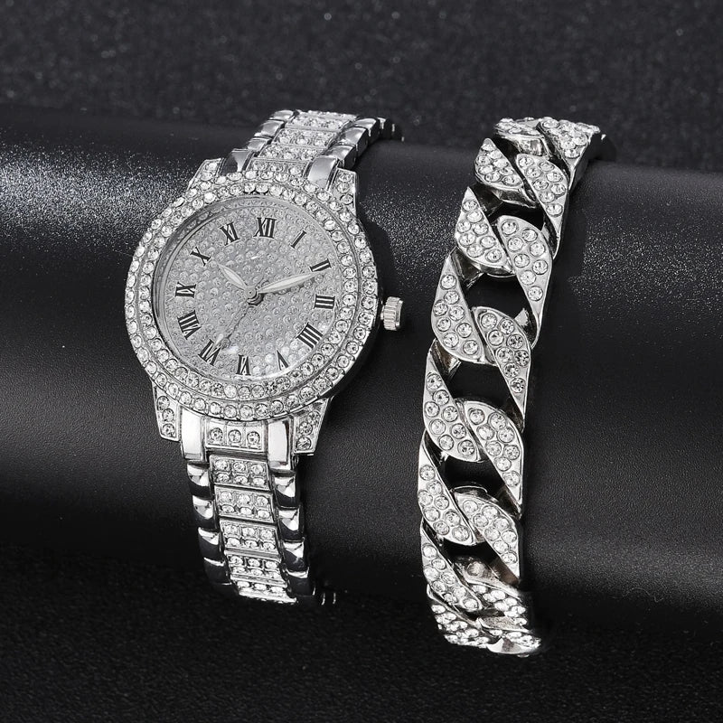 Jam Tangan Kuarza Bulat Perak 2PCS Jam Tangan Hadiah Keluli Tahan Karat Perak Mewah Wanita + Set Barang Kemas