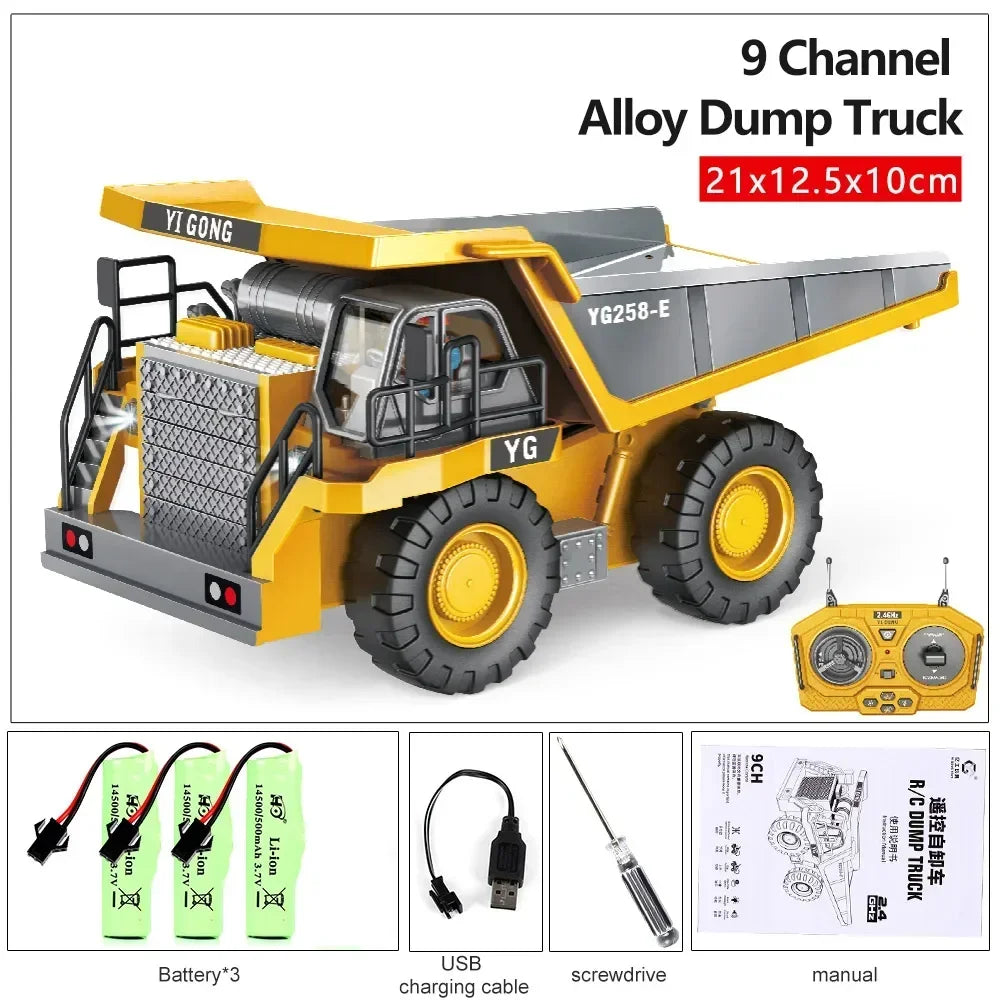 2.4G High Tech 11 Channels RC Excavator Dump Trucks Jentolak Aloi Kejuruteraan Plastik Kenderaan Mainan Elektronik Untuk Hadiah Lelaki