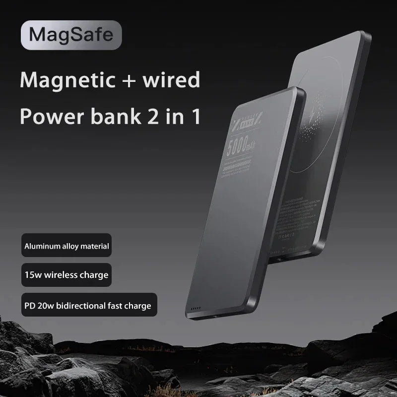 Pengecas Mudah Alih Ultra-Slim Bank Kuasa 5000mAh Bank Kuasa Wayarles Magnet Pengecasan Super Pantas untuk iPhone Samsung 2025 Baharu