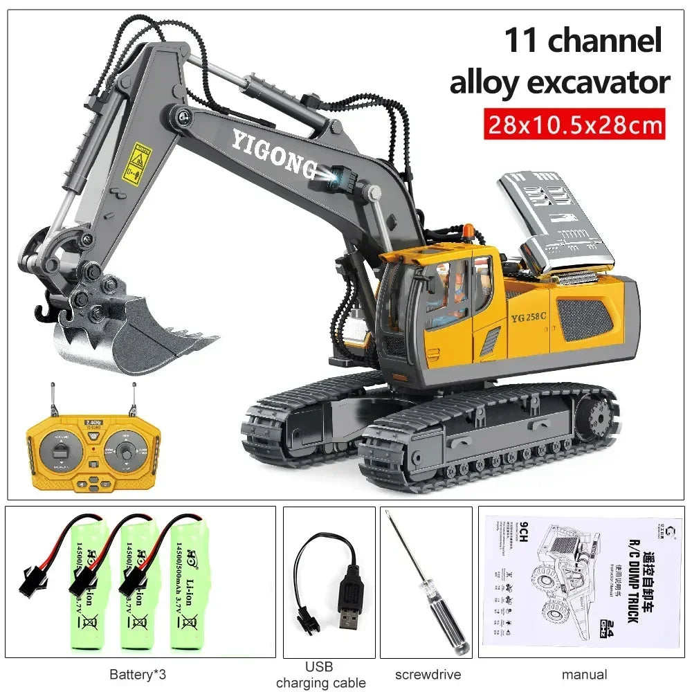2.4G High Tech 11 Channels RC Excavator Dump Trucks Jentolak Aloi Kejuruteraan Plastik Kenderaan Mainan Elektronik Untuk Hadiah Lelaki