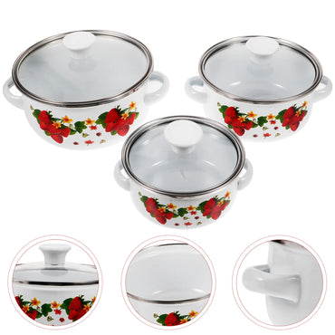 Periuk Sup Mini Enamel Minyak Telinga Dua Mee Segera Bawah Rata Kecil Panas Set Tiga Keping (Bunga hijau) Periuk Sos