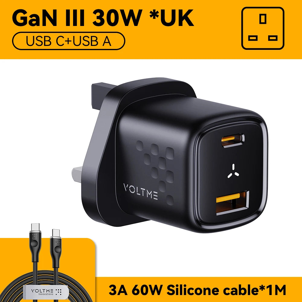 VOLTME USB C Pengecas Pantas 30W Pengecas GaN QC PD 3.0 Penyesuai Mudah Alih Dwi Port Untuk IPhone 13 12 IPad Pengecas Dinding Cepat Xiaomi