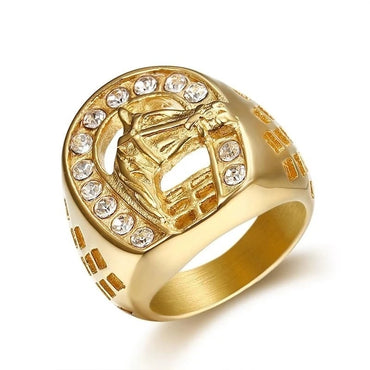 Men's Fashion Special Horseshoe Inlaid Round Cubic Zirconia Lucky Horseshoe Ring
