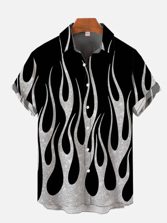 2024 Summer New Black and Gray Burning Flame Printed Short Sleeve Shirt Retro Fashion Street Men's Lapel Button Shirt