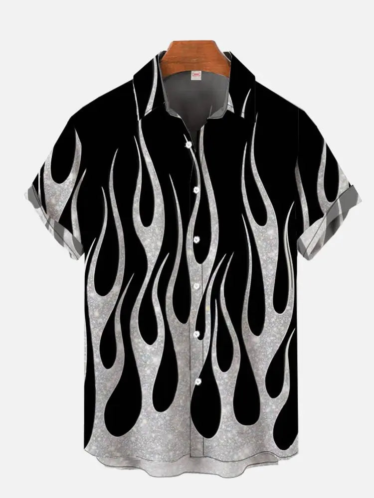 2024 Summer New Black and Gray Burning Flame Printed Short Sleeve Shirt Retro Fashion Street Men's Lapel Button Shirt