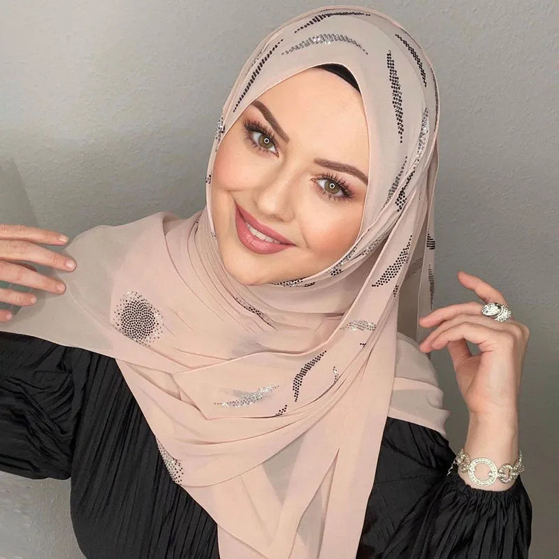 Serban Segera Muslim Berlian Imitasi Putih Chiffon Hijab Abaya Hijab untuk Wanita Abaya Jersi Glitter Head Scarf Dress Wanita Serban