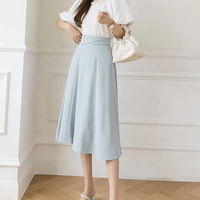 Skirt Wanita Pinggang Tinggi Skirt Pertengahan Betis Gadis Manis Skirt Pejal untuk Wanita Fesyen Panjang Vintaj 2023 Skirt Wanita Musim Panas Kawaii