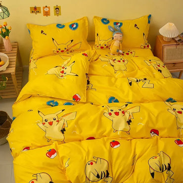 Pokemon Pikachu Bedding Set 3/4pcs Cartoon Anime Cute Polyester Bed Sheet Set Quilt Bedspread Set Boy Kids Room Accessories Gift