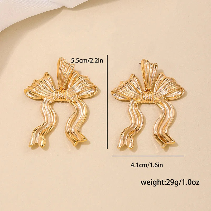 1 Pair Stainless Steel Metal Ribbon Bow Stud Earrings for Women Girls18K Gold Plated Cute Statement Piercing Jewelry Set Gift