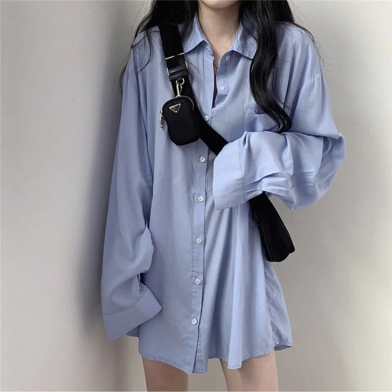 Kemeja Blaus Panjang Gaya Musim Semi Musim Panas Wanita Gaya Korea Longgar Lengan Panjang Warna Pejal Cardigan Blusas Atasan DF4914