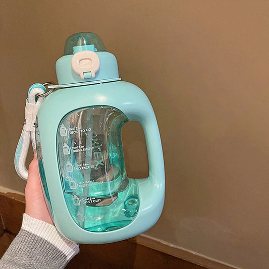 Kawaii Sport Water Bottle With 3D Stickers Straw BPA Free 1500ml Cute Large Plastic Juice Tea Gym Traval Portable Drink Bottle