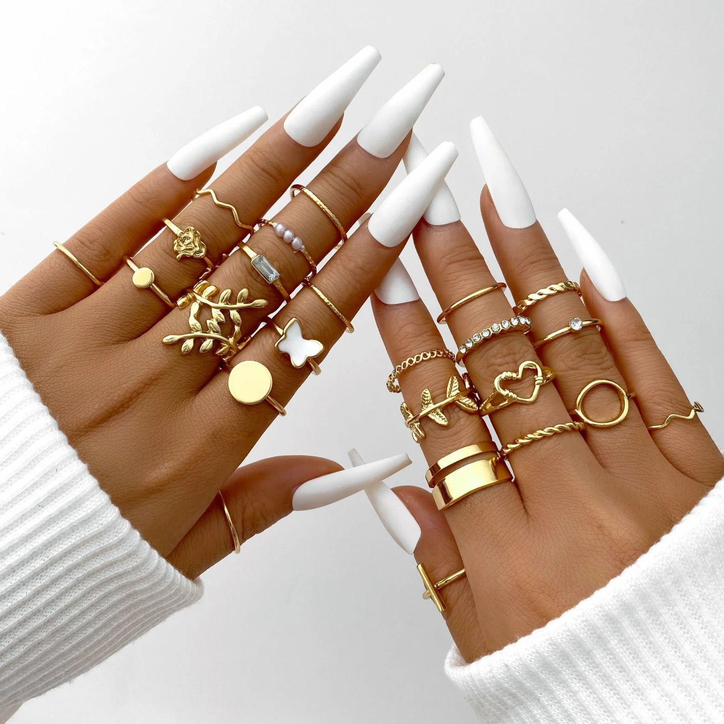 47Pcs/Set Vintage Gold Color Heart Rings Set For Women Men Hollow Butterfly Pearl Crystal Geometric Rings Trendy Finger Jewelry