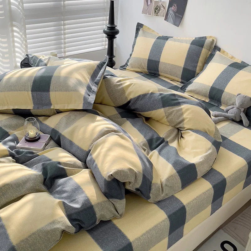 4 Piece, 100% Cotton Bedding Set, 4 Piece Bed Sheet Comforter Set, Simple Striped Check Couple Bed Quilt Set