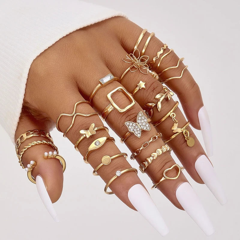 47Pcs/Set Vintage Gold Color Heart Rings Set For Women Men Hollow Butterfly Pearl Crystal Geometric Rings Trendy Finger Jewelry