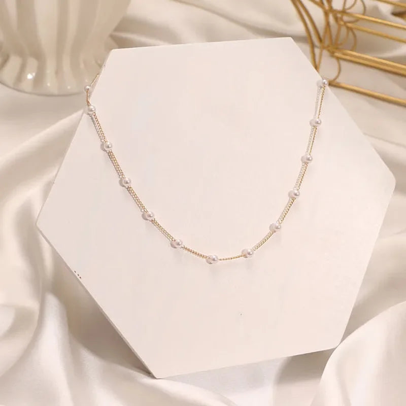 Rantai Leher Wanita Gaya Korea Kalung Choker Mutiara Warna Emas Perhiasan Loket Kalung 2023 Kolar untuk Gadis