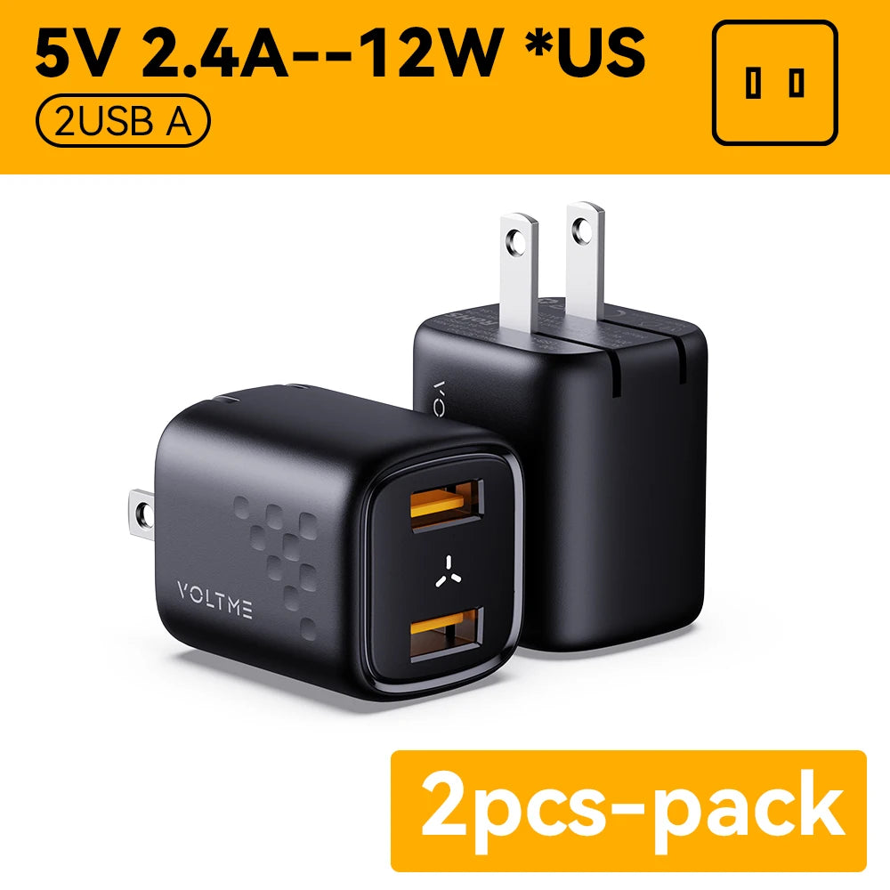 VOLTME 12W Pengecas USB Dwi Caj Cepat untuk iPhone 13 12 Pro Max Pengecas Perjalanan Mudah Alih Telefon Mudah Alih Pengecas Penyesuai Dinding Mini