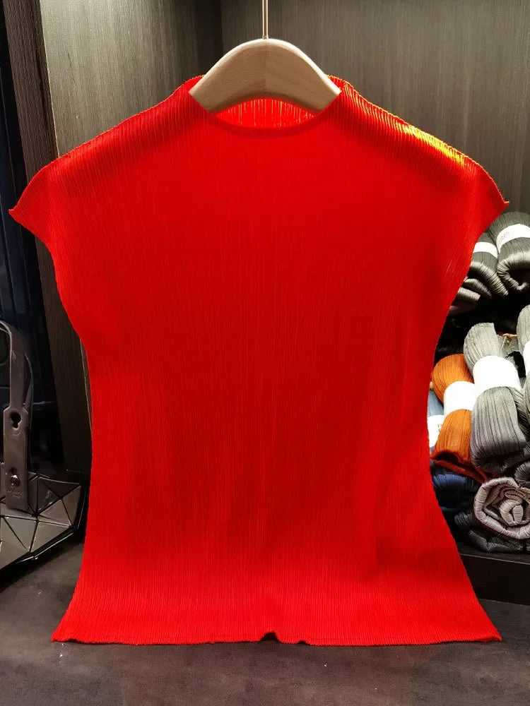 Miyake Serbaguna Klasik Warna Pepejal Ringkas Kolar Berdiri Atasan Berlipat Wanita Slim Slim Lengan Pendek T-shirt Miyake Musim Panas 2024