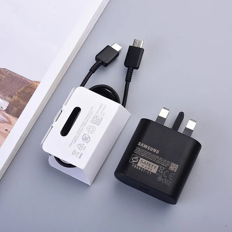 For Samsung S21 Note 20 10 Ultra Super Fast Charger 25W UK Plug Power Adapter Dual Type C Cable For Galaxy S20 Plus S10+ A70 A80