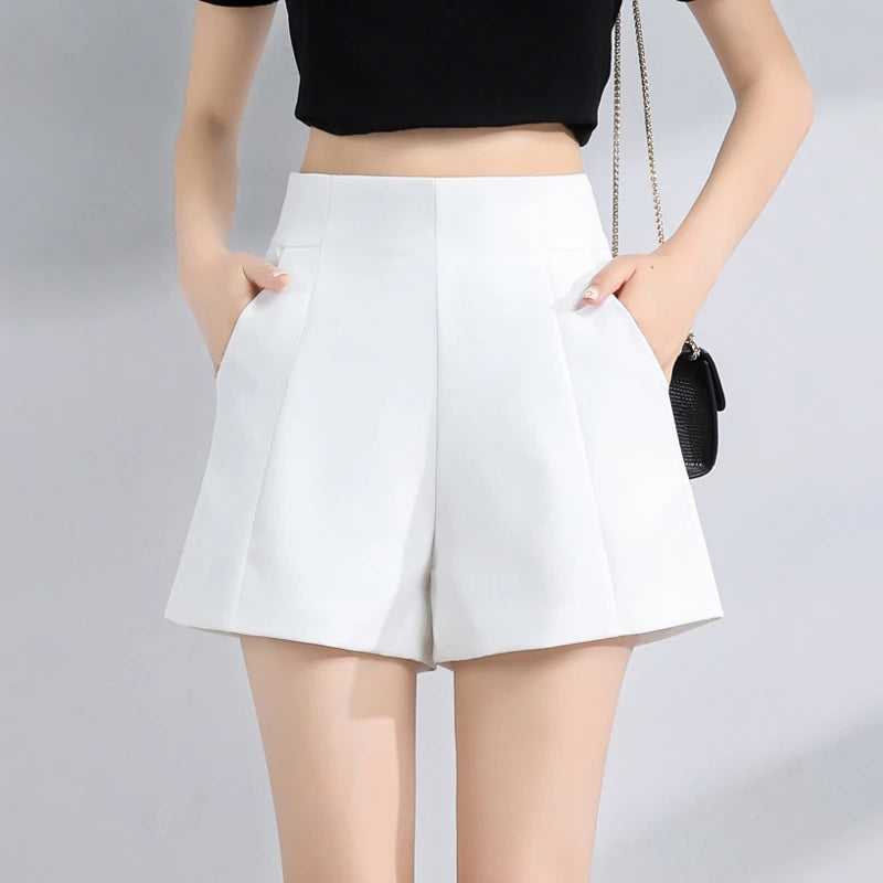 Suit Seluar pendek Wanita Pinggang Tinggi Seluar pendek A-line Musim Bunga Musim Panas Kasual Longgar Kaki Lebar Seluar Pendek Sifon Wanita Hitam Putih