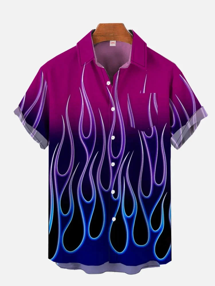 2024 Summer New Black and Gray Burning Flame Printed Short Sleeve Shirt Retro Fashion Street Men's Lapel Button Shirt