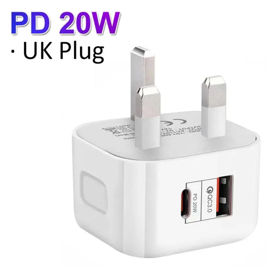 EU UK 20W Dual Ports Type c USB C PD Wall Charger Penyesuai Kuasa Pengecasan Pantas Pantas Untuk IPhone 12 13 14 15 pro Samsung htc lg