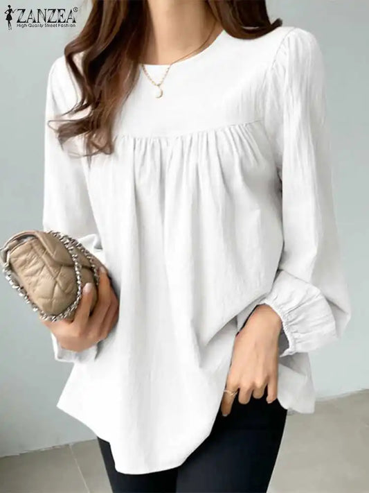 ZANZEA Fesyen Musim Gugur Blaus Warna Pejal Wanita Lengan Penuh Tunik O-Leher Atasan Baju Kasual Elegan Korea Kerja Longgar OL Blusas