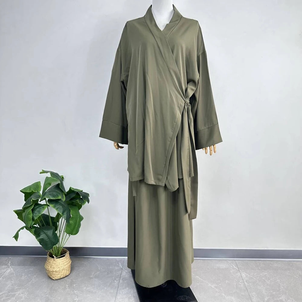 Nida Co Ord Set Kimono dengan Tali Skirt Ramadan Aidilfitri Pakaian Islam 2 Helai Set Wanita Muslimah Pakaian Sederhana Ensembles Musulman