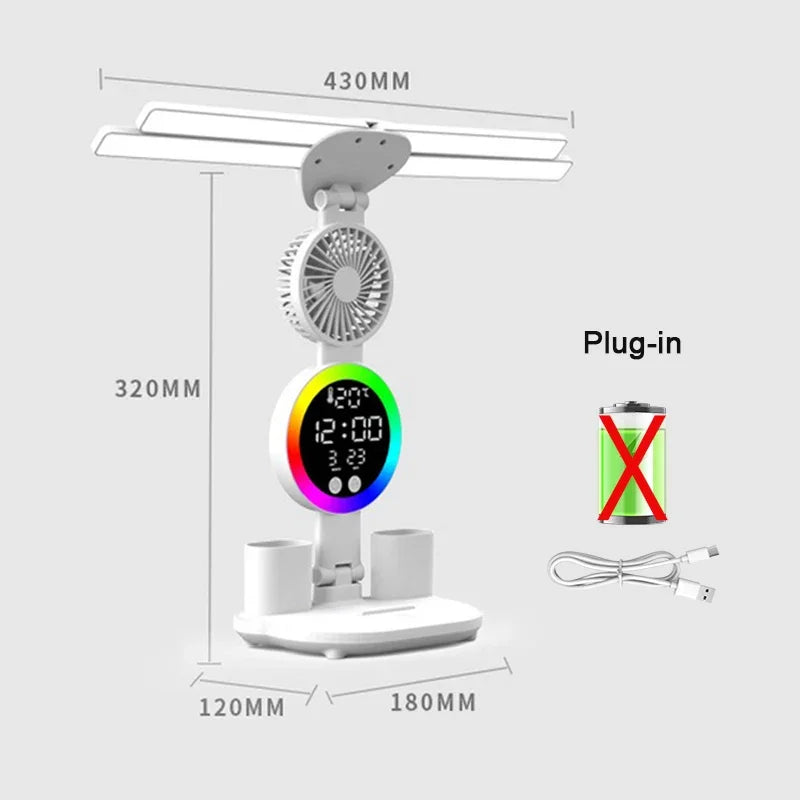 Lampu Meja Boleh Dicas semula untuk Belajar, Lampu Baca Lampu Meja Lampu Meja Dipimpin dengan Kipas, Lampu Baca Dispaly Jam Dipimpin