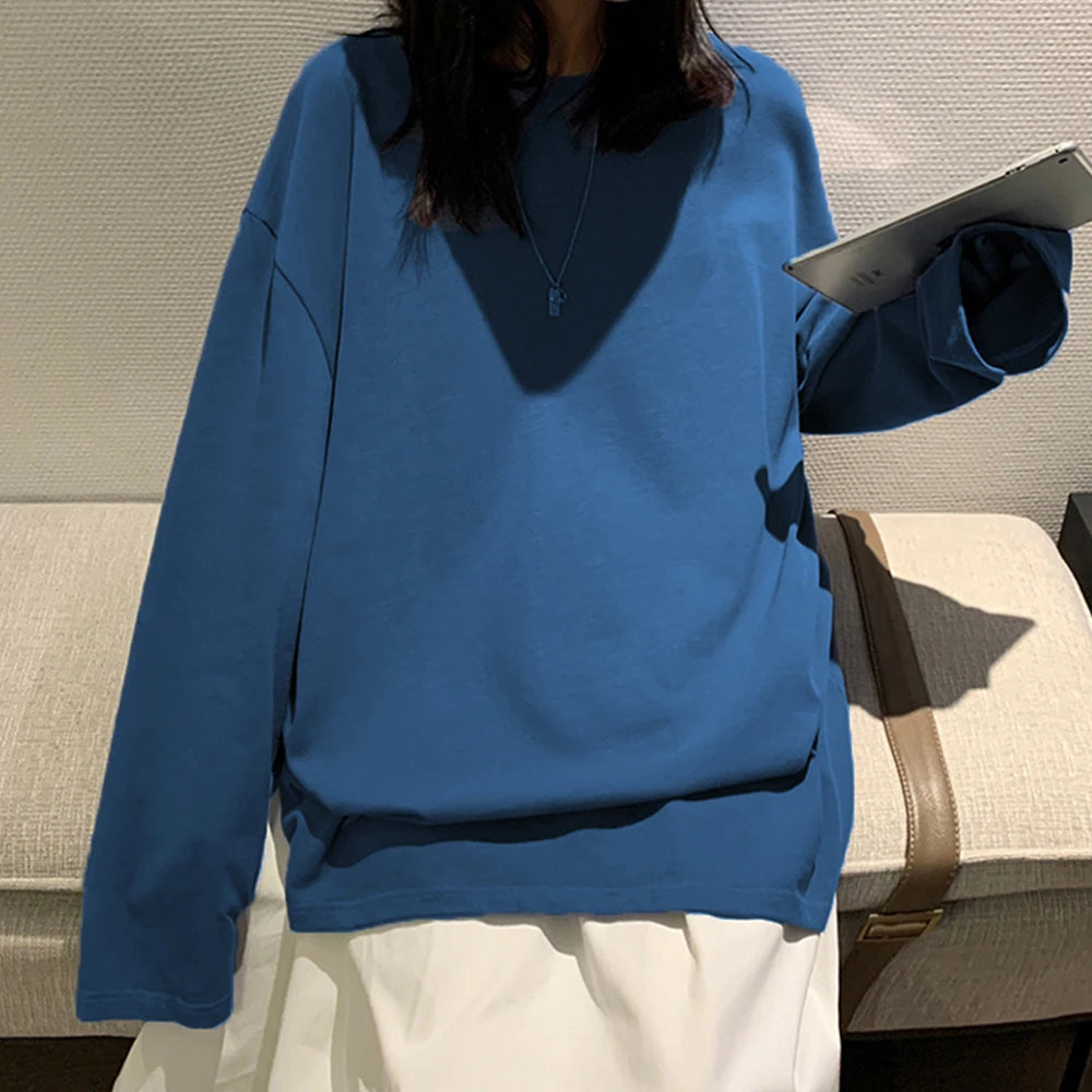100% Cotton 2024 Spring New Long sleeve T-Shirt Women Basic Tee Shirt Oversize T Shirt Women Casual O-neck Women Tshirt US size