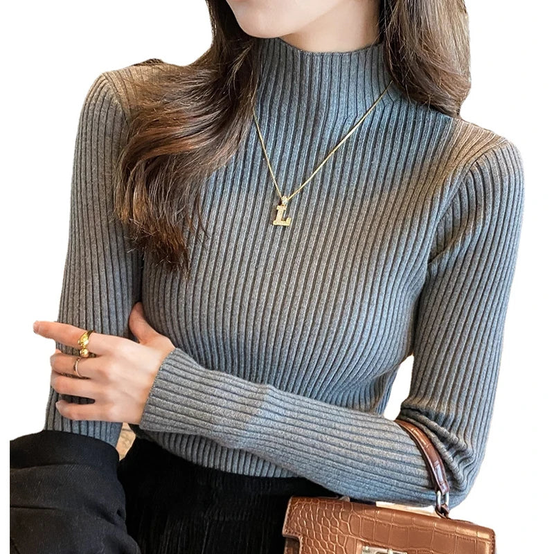 Atasan Rajutan Asas Pepejal Elegan Sweater Turtlneck Wanita Lengan Panjang Pullover Ramping Kasual Fesyen Korea Pakaian Bergaya Mudah