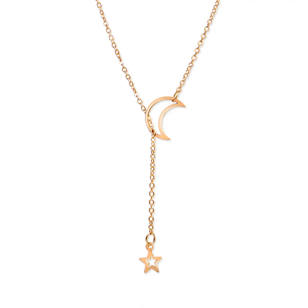 Kalung Choker Loket Bintang Bulan Mudah Baru Kalung Collares Rantai Pesona Aloi Warna Emas Mudah untuk Perhiasan Parti Wanita