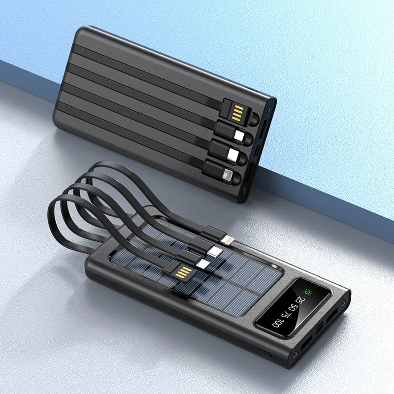 Kapasiti besar 20000mAh bank kuasa solar serba lengkap dengan empat wayar bank kuasa mudah alih